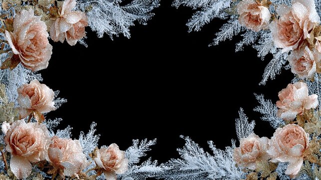 Floral frame light pink roses and frosted foliage border a dark central space - Powered by Adobe