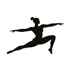 Silhouette of a woman in a warrior yoga pose isolated on a white background