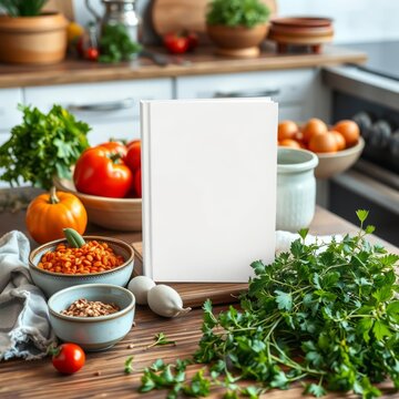 Blank white book cover mockup on a kitchen table surrounded by fresh herbs and food ingredients ai generative book mockup Ultra realistic Photorealistic 
