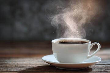 Hot coffee steaming on wooden table