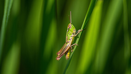 A grasshopper perched on a blade of grass in a grassy field