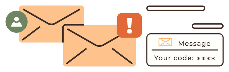 Envelopes, alert icon, and secure message highlight email communication, alerts, and verification processes. Ideal for email services, security, notifications, authentication messaging privacy