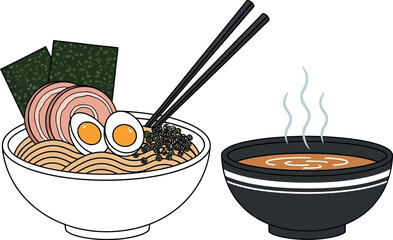 Delicious Ramen Bowl with Toppings and Broth Japanese Cuisine Illustration.