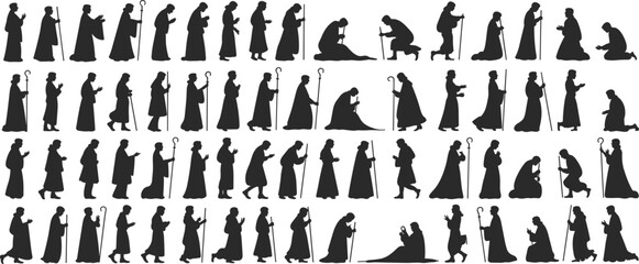 Silhouettes of praying people, religious figures, kneeling with staff, worship scene, spiritual moment, Christian clergy, flat vector, devotion posture
