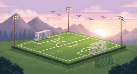 Pixel Art Soccer Field at Sunset Isometric View of a Mountaintop Football Pitch