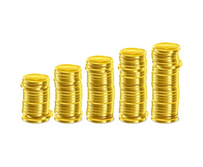 Stacks of golden coins, growing on top against isolated on transparent or white background, png