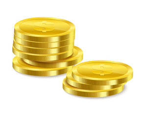 Stacks of golden coins, growing on top against isolated on transparent or white background, png