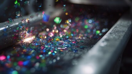 Detailed view of the light source emitting specialized wavelengths towards the conveyor capturing the interplay of light and color as PET flakes reflect and refract under the hyperspectral