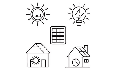 Solar Energy Icons Sun, Solar Panel, Green Power, Eco Home, and Renewable Vector Set