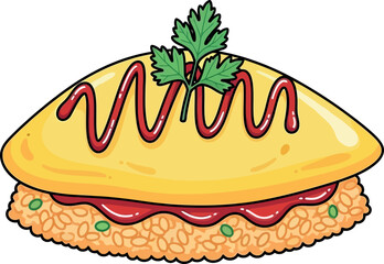 Omurice Illustration Fluffy Omelet over Fried Rice with Ketchup Drizzle and Parsley Garnish.