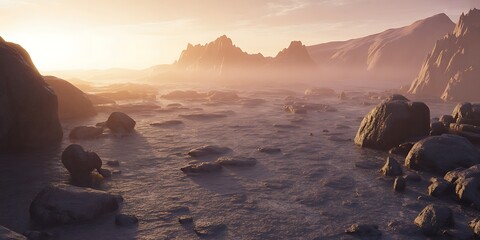 Rocky coast with fog and distant mountains