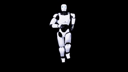 Futuristic humanoid robot on a black background showcasing sleek and advanced AI technology