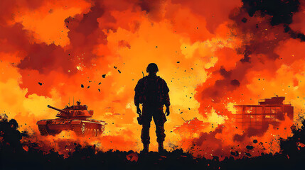 Obraz premium Modern war themed vector art featuring soldier silhouette on devastated terrain, engulfed in smoke and explosions, portraying apocalyptic battlefield scene with burning ruins and destruction.