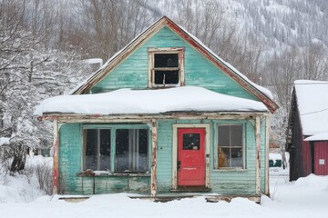 A teal house with a red door covered in winter snow