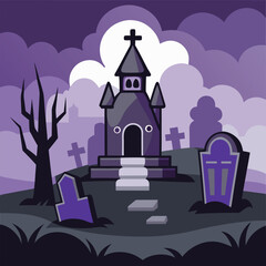 A Cartoon Graveyard Scene with Spooky Church and Tombstones at Night