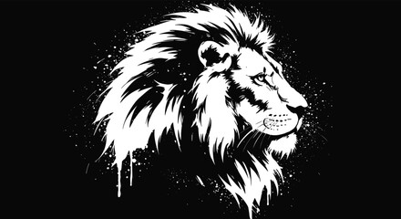 Black and white lion head illustration, majestic wildlife art, powerful predator portrait, detailed mane design, artistic ink splatter vector, jungle king