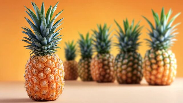 Uniqueness: one pineapple stands out from the rest, emphasizing its perfection and freshness. Bright background: pineapples on an orange background create a festive, sunny mood.