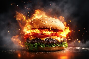 A burger engulfed in flames with a dark background