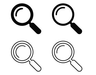 Set of Four Magnifying Glass Icons in Solid and Outline Styles Representing Search, Zoom, and Exploration in Minimalist Graphic Design