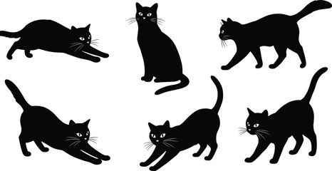 Black cat silhouette collection in various poses, stretching, walking, sitting, playful feline vector design, pet animal graphic illustration set