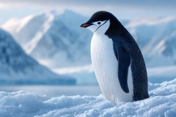 Chinstrap penguin standing on snowy hillside in antarctica