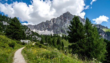 Mountain path through wildflowers and pine trees