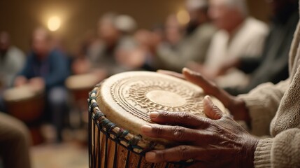 Medium shot centered on a persons steady hand tapping a tambourine detailed focus on instrument textures while the rest of the drum circle fades into a gentle blur illustrating
