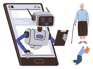 Robot with clipboard extends from a phone screen, symbolizing AI aiding elderly care. Grandma with cane and caregiver evoke themes of technology, assistance, and support. Ideal for healthcare