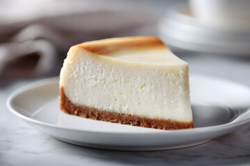 Slice of plain cheesecake on a modern white plate with soft neutral tones