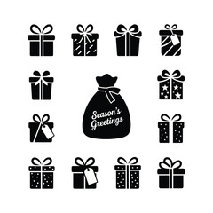 Assortment of black gift box icons with ribbons and a gift bag