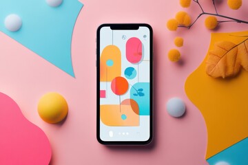 A phone with colorful shapes on a pink background