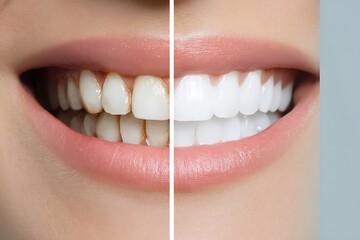 Dental transformation: A close-up showcasing teeth whitening results with before and after comparison for a brighter smile.