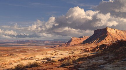 Fototapeta premium Expansive desert landscape under a partly cloudy sky, featuring reddish-brown mesas and buttes stretching to the horizon, with sparse vegetation in the foreground, bathed in warm sunlight