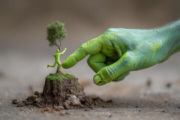 A vibrant image of a green hand touching a miniature figure running towards a tree on a mound.