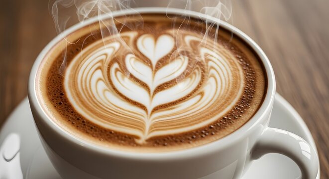 Artisan coffee concept with a freshly brewed cappuccino featuring intricate rosetta latte art, steam rising from the warm beverage in a white cup on a wooden table