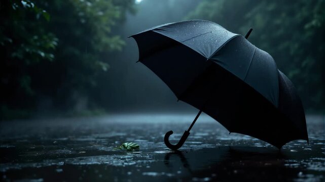 Black umbrella standing in the rain beside leaf on wet ground