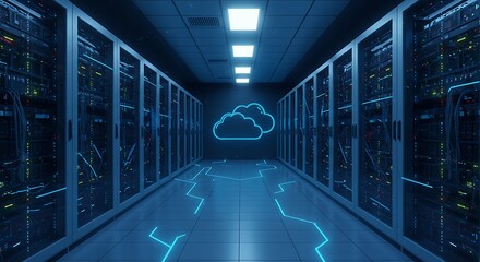 Futuristic glowing blue cloud symbol illuminates a server room aisle with data center racks