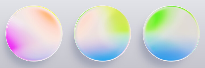 3d glass holographic round buttons. Iridescent plastic circular badges, neon empty frames with rainbow color gradient for app or web design. Game ui elements, isolated render icon set. 3D illustration
