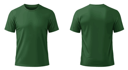 Blank dark green t-shirt mockup, front and back view. Isolated on white background for custom design and apparel branding.
