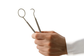 Dental mirror and hook held by bare hand in white coat on transparent background