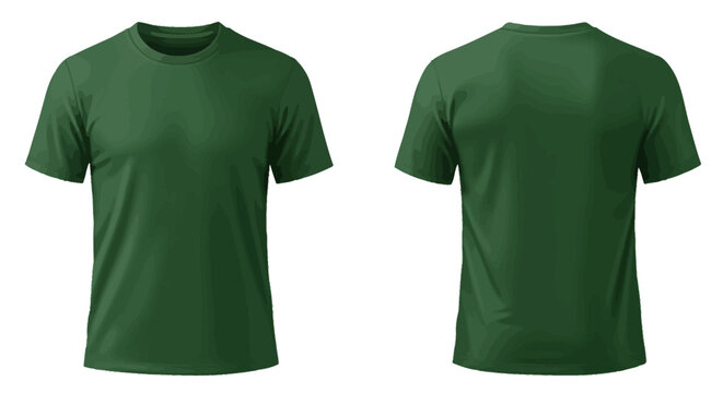 Blank dark green t-shirt mockup, front and back view. Isolated on white background for custom design and apparel branding.