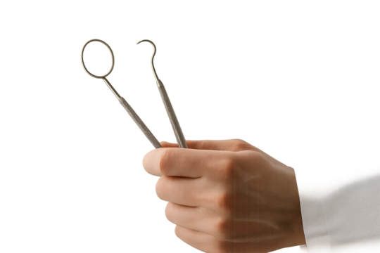 Dental mirror and hook held by bare hand in white coat on transparent background