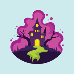 A spooky purple haunted house with a green path illustration