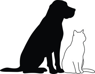 Dog and cat silhouette illustration, black dog outline, white cat outline, pet animal vector, domestic pets design, animal friendship graphic