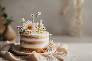 Minimalist naked vanilla cake with delicate flowers and visible layers in soft ambient light