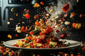 A plate of food with ingredients flying in the air