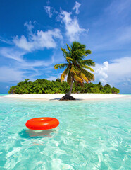 Exotic tropical beach with single palm tree on pristine white sand surrounded by crystal clear ocean and red inflatable float under bright sunny sky