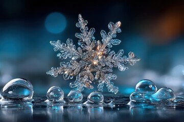 Intricate snowflake resting atop droplets on a dark surface with shimmering blue background