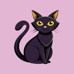 Cartoon black cat with yellow eyes sitting on a pink background