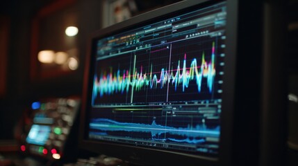 Medium shot focused on a digital audio interface screen inside a sound booth showing detailed waveform corrections as artificial intelligence instantly removes wind interference